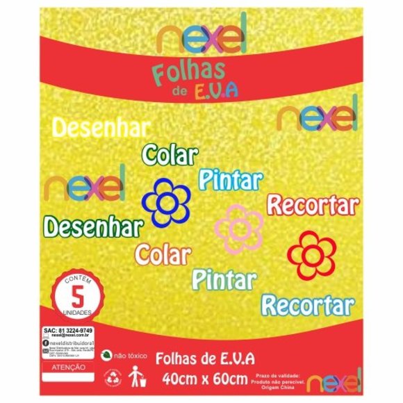 Placa de EVA Glitter Nexel 40 x 60 cm Amarelo - Pacote com 5 unidade