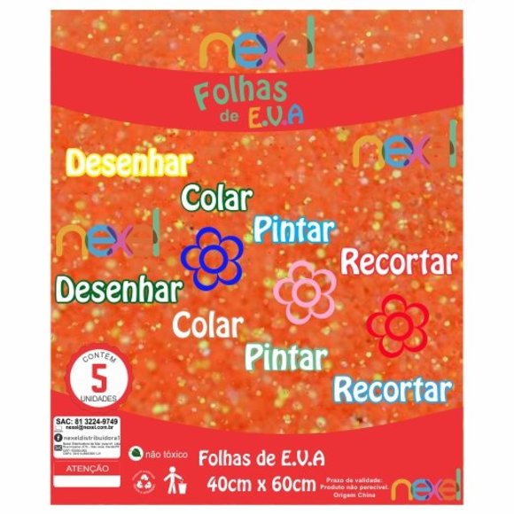 Placa de EVA Glitter Nexel 40 x 60 cm Laranja - Pacote com 5 unidade