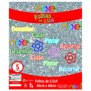 Placa de EVA Glitter Nexel 40 x 60 cm Prata- Pacote com 5 unidade