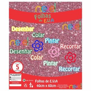 Placa de EVA Glitter Nexel 40 x 60 cm Rosa- Pacote com 5 unidade