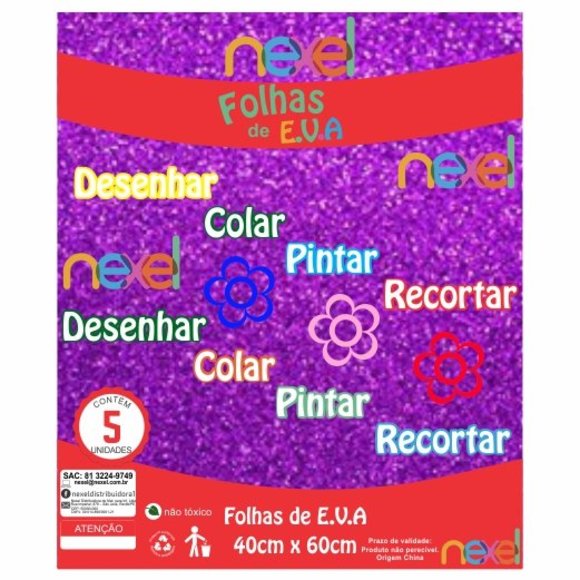 Placa de EVA Glitter Nexel 40 x 60 cm Roxo - Pacote com 5 unidade