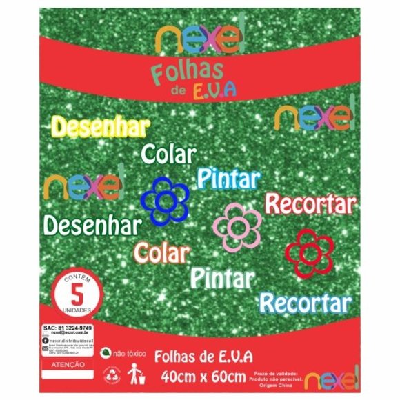 Placa de EVA Glitter Nexel 40 x 60 cm Verde - Pacote com 5 unidade