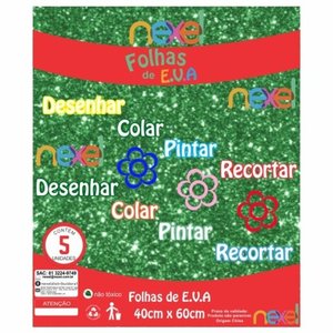 Placa de EVA Glitter Nexel 40 x 60 cm Verde - Pacote com 5 unidade
