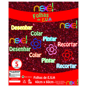 Placa de EVA Glitter Nexel 40 x 60 cm Vermelho - Pacote com 5 unidade