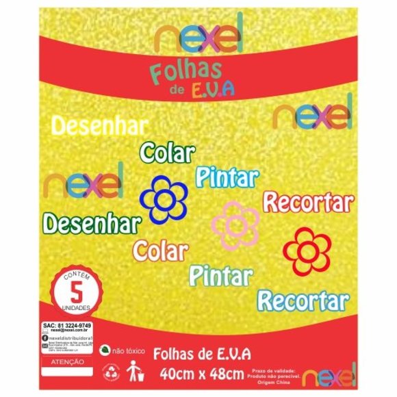 Placa de EVA Glitter Nexel 40 x 48 cm Amarelo - Pacote com 5 unidade