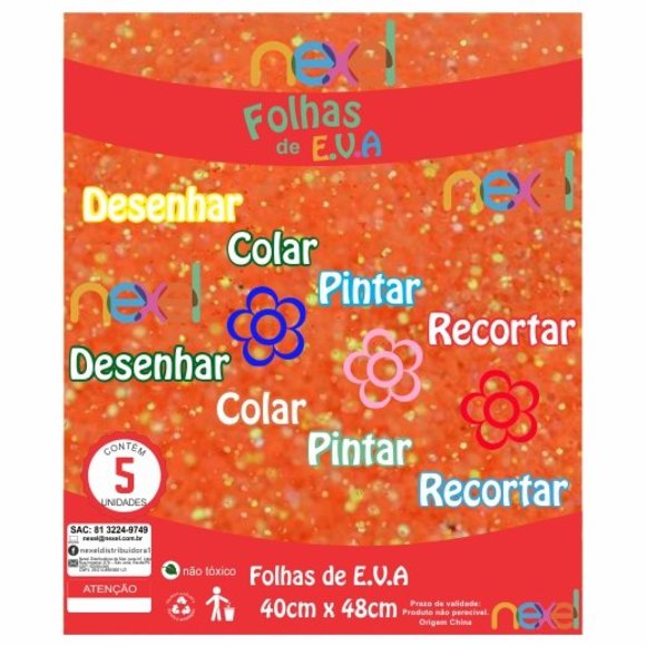 Placa de EVA Glitter Nexel 40 x 48 cm  Laranja - Pacote com 5 unidade