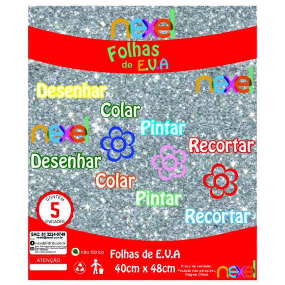 Placa de EVA Glitter Nexel 40 x 48 cm  Prata - Pacote com 5 unidade
