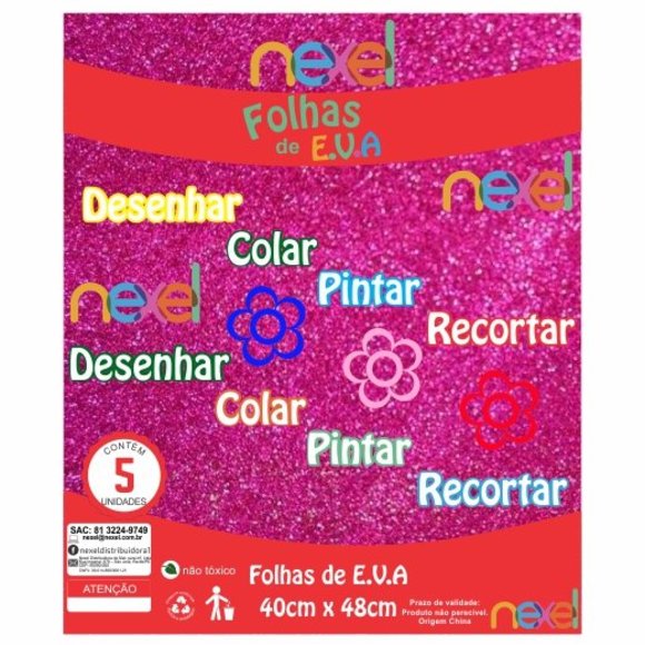 Placa de EVA Glitter Nexel 40 x 48 cm  Rosa Pink - Pacote com 5 unidade