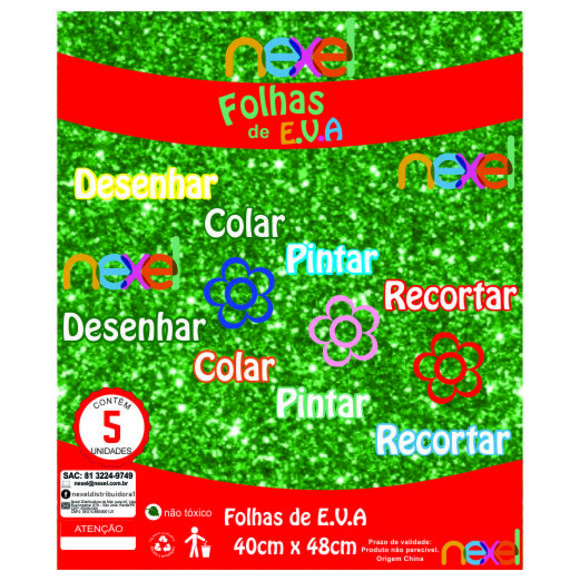 Placa de EVA Glitter Nexel 40 x 48 cm  Verde - Pacote com 5 unidade