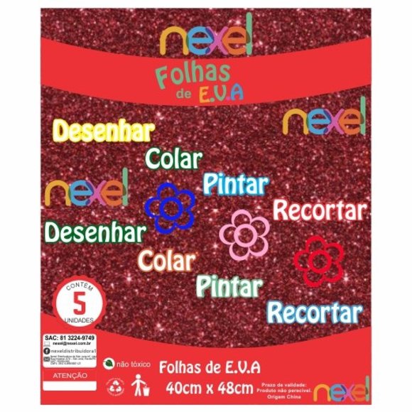 Placa de EVA Glitter Nexel 40 x 48 cm  Vermelho - Pacote com 5 unidade